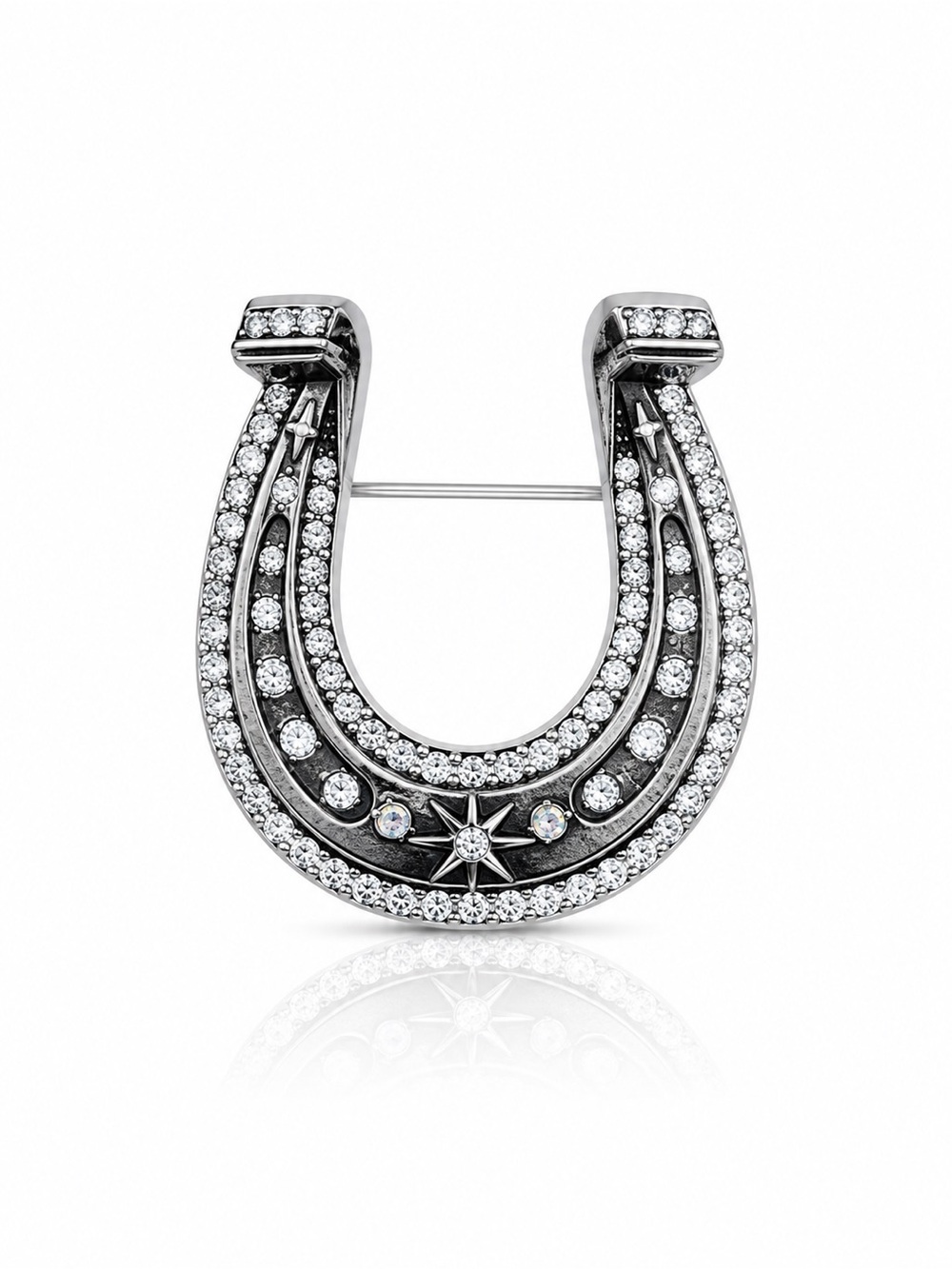 Western Silver Horseshoe Brooch with Crystal Accents